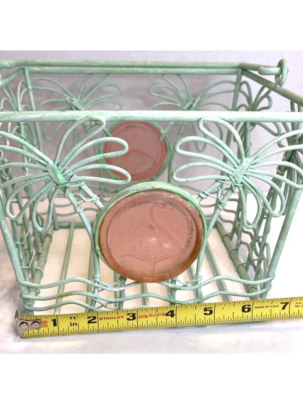 Metal Storage Basket Pink Flamingo Medallion Teal Green Palm Tree Wrought Iron
